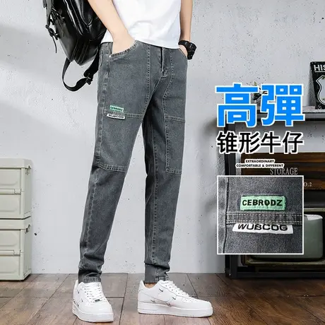 夏天男生潮牌休闲牛仔长裤夏季薄款男士高级感拼接新塘水洗男裤子图片