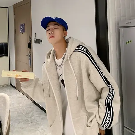 棒球服外套男秋冬潮牌痞帅撞色连帽夹克港风宽松百搭休闲开衫卫衣商品大图