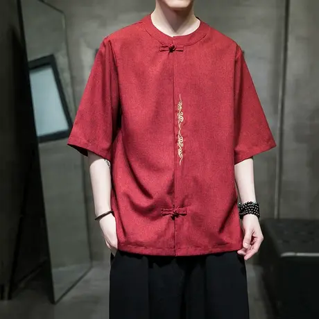 新中式冰丝衬衫男短袖夏季中国风男装复古盘扣唐装男宽松大码衬衣商品大图