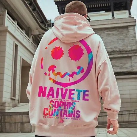 欧美高街连帽小恶魔卫衣男潮胖子潮牌潮流大码冬季加绒粉色连帽衫商品大图