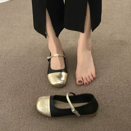 单鞋女夏季2023年新款平底拼色洋气玛丽珍鞋时尚浅口轻便小众女鞋商品大图