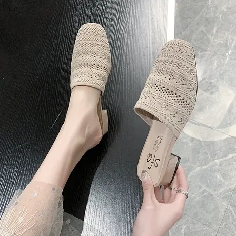 包头半拖鞋女外穿2023夏新款针织方头粗跟奶奶鞋中跟复古穆勒鞋春商品大图