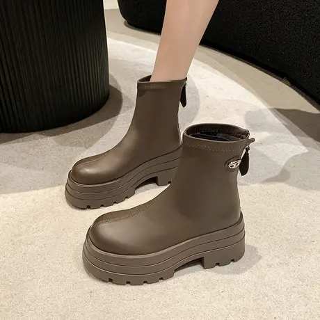 瘦瘦靴粗跟厚底网红气质2023秋季新款后拉链增高百搭显腿长短筒靴商品大图