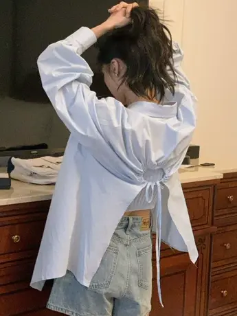 夏季胖mm大码小众设计感后背镂空衬衫女装200斤宽松防晒长袖衬衣商品大图