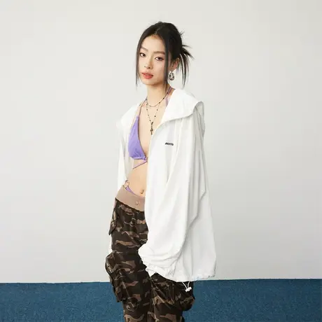 基础款连帽开衫外套女2024新款夏季白色防紫外线防晒衣潮牌防晒服图片