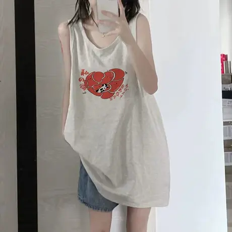 美式纯棉吊带坎肩背心无袖t恤女夏季设计感小众外穿宽松挂脖上衣商品大图