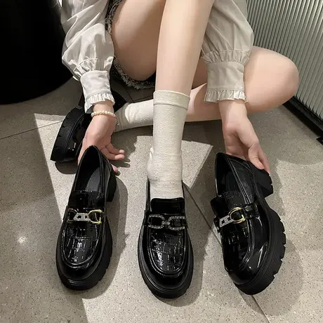 厚底百搭乐福鞋女2024年春夏季新款黑色英伦小皮鞋小个子增高单鞋商品大图