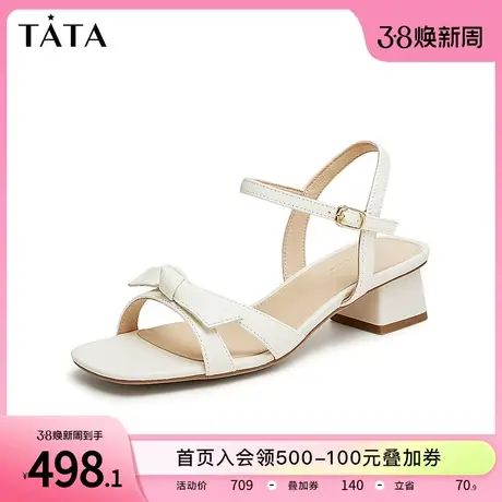 Tata他她法式粗跟时装凉鞋女通勤一字带凉鞋2024夏季新款7ZO05BL4商品大图
