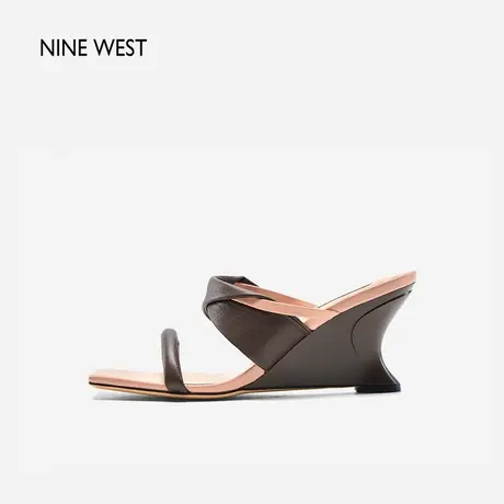 Nine West/玖熙一字带真皮复古坡跟凉拖鞋2024年夏季新款方头高跟图片