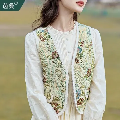 茵曼法式复古v领无袖外搭马甲女春秋外穿刺绣马夹短外套2023新款图片
