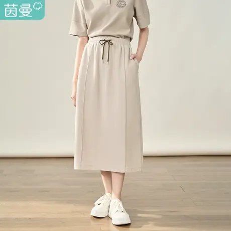 【商场同款】茵曼纯色半身裙2023秋季女装新款弹力抽绳显瘦裙子商品大图