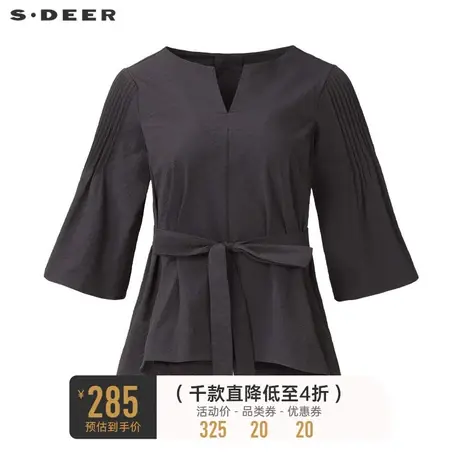 sdeer圣迪奥女装V领收腰喇叭袖不规则衬衫S233Z0402商品大图
