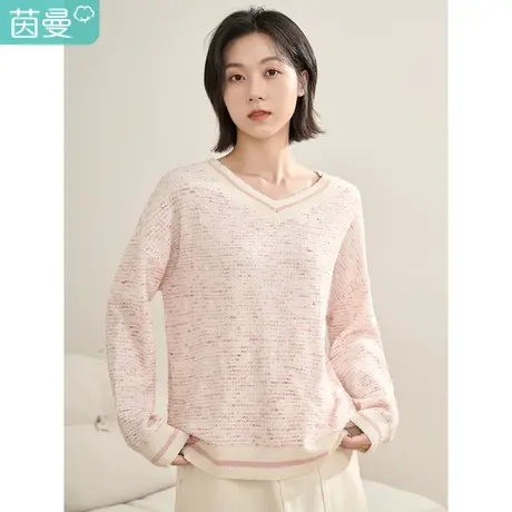 【商场同款】茵曼2023春女装新款温柔粉色肌理感落肩宽松V领毛衣图片