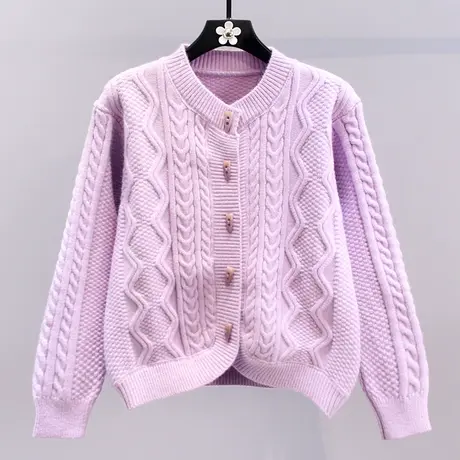 复古麻花牛角扣毛衣外套女秋冬2023新款设计感外搭软糯针织开衫商品大图