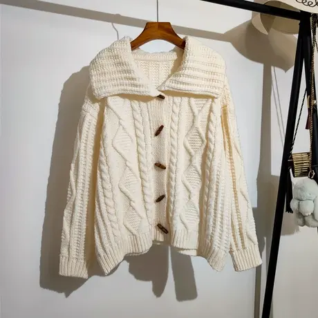 牛角扣麻花毛衣外套女宽松外穿秋冬慵懒温柔翻领加厚针织开衫上衣商品大图