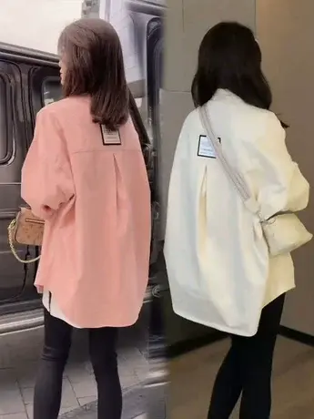粉色衬衣外套女2023春秋季新款韩版宽松慵懒风休闲百搭中长款衬衫商品大图