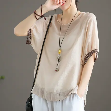 dza 文艺复古丝麻短袖衬衫女士短款百搭上衣新款夏季宽松休闲衬衣图片