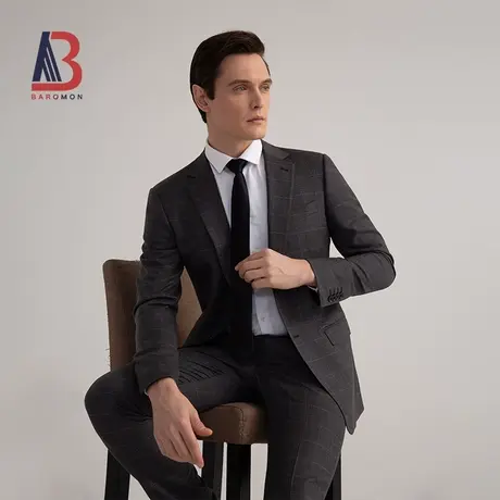 BAROMON/培罗蒙2023新款男士商务正装修身西装灰色格子西服套装图片