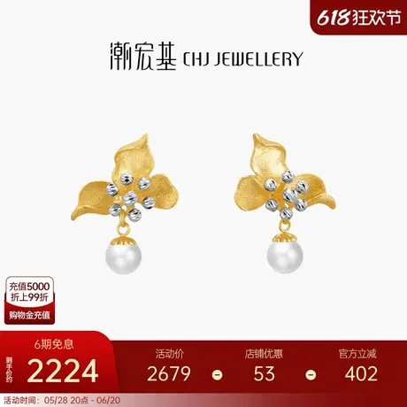 潮宏基花涧黄18K金珍珠耳钉彩金耳饰高级感生日生日送女友 X6商品大图