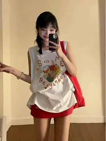 美式复古纯棉吊带运动背心无袖t恤女2024夏季外穿宽松篮球服上衣图片