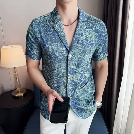 古巴领西服男短袖夏季冰丝醋酸提花半袖轻薄无内衬防晒衬衫型西装图片