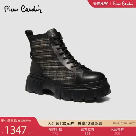 皮尔卡丹女鞋真皮靴拼接织物方根系带休闲格纹百搭潮流马丁靴子女商品大图