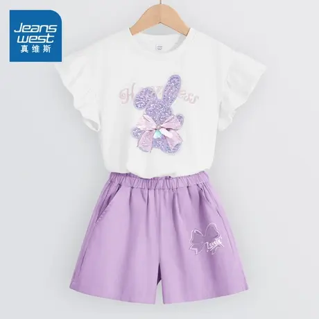 真维斯童装女童短袖t恤纯棉大童夏季套装2025新款儿童木耳边上衣图片