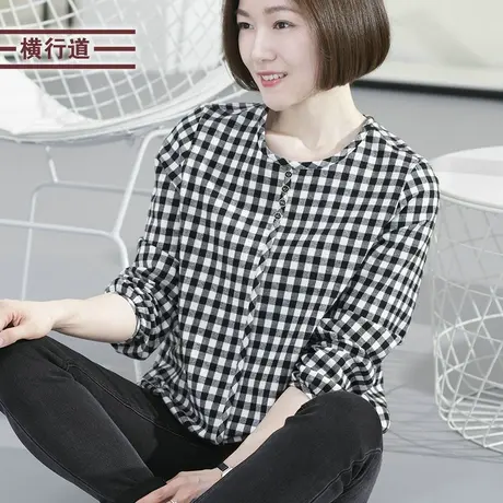 2023新款冬装圆领宽松方格子衬衫大码中年妈妈胖mm长袖女纯棉衬衣商品大图