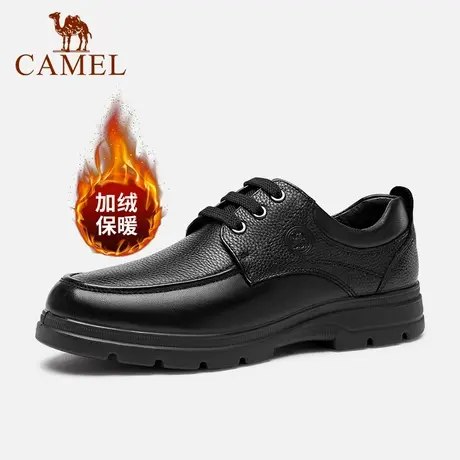 骆驼皮鞋男2021冬季新款商务休闲皮鞋系带真皮软底加绒皮鞋爸爸鞋商品大图