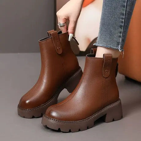 大码女靴41一43秋季新款短靴女2023春秋软底软面单靴加绒厚底靴子商品大图