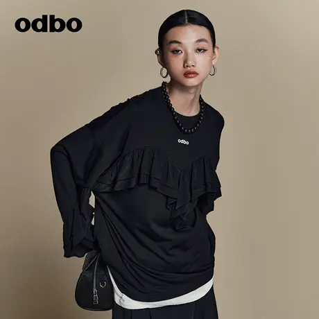 odbo 减龄漂亮洋气圆领拼接长袖T恤早春新款上衣黑色宽松潮牌商品大图