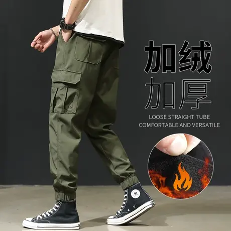 军绿色工装裤男美式束脚秋冬厚款运动裤加绒加厚多口袋户外冲锋裤商品大图