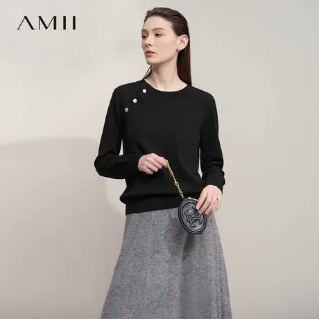 Amii2025秋新款极简合体纯色套头弹力48支精纺含羊毛长袖毛衣女图片