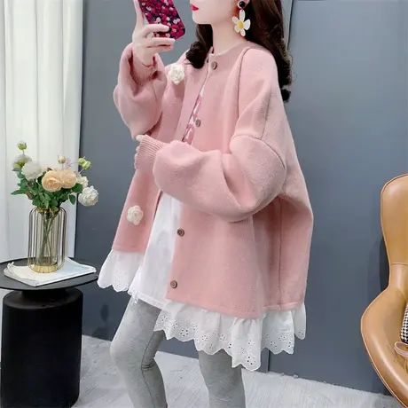 韩系甜美立体花朵拼接蕾丝针织开衫女春季2025年新款洋气外套上衣图片