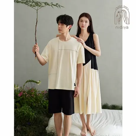 妮狄娅2024夏季薄款情侣睡衣女纯棉宽松背心裙男可外穿家居服套装商品大图