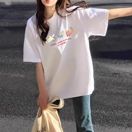 大码女装胖mm韩系正肩chic小个子白色上衣宽松短袖t恤ins潮慵懒风图片