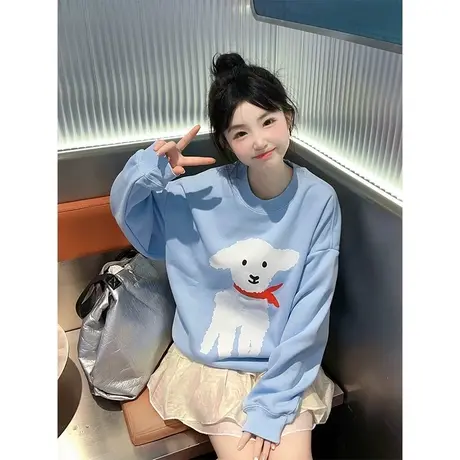 卡通印花圆领长袖卫衣女早秋韩版百搭宽松显瘦学生薄款套头上衣服商品大图