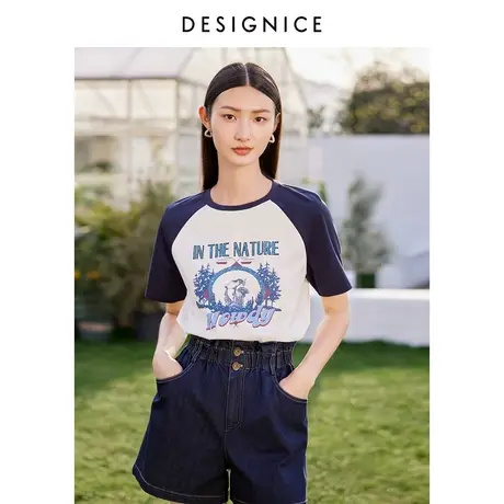 迪赛尼斯T恤女2023夏装新款美式复古撞色设计感宽松别致短袖上衣商品大图