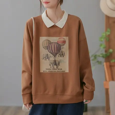 dza 文艺复古套头polo领宽松卫衣女2023春秋新款显瘦长袖上衣外套商品大图