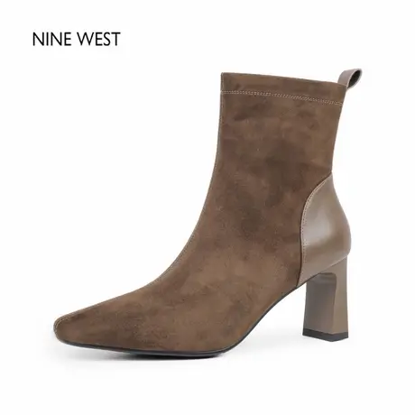 奥莱专供Nine West/玖熙方头拼接粗跟弹力瘦瘦靴高跟短靴真皮靴子图片