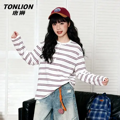 唐狮官方条纹长袖t恤女2026新款春秋款女士宽松内搭外套v领罩衫VB商品大图