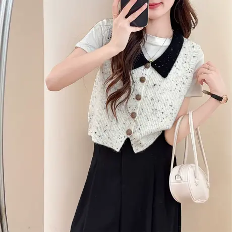 唐狮秋冬季女毛衣法式风撞色翻领设计开衫马甲高级气质TD图片