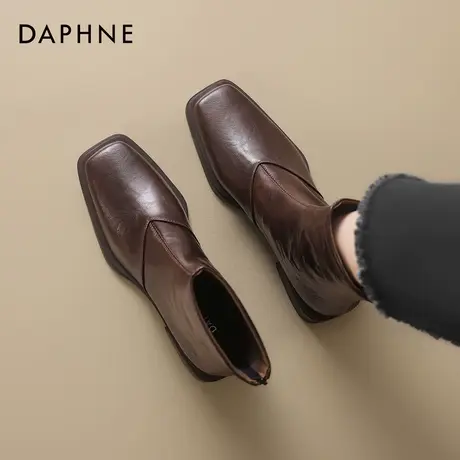 达芙妮方头小短靴女2025新款秋冬加绒棕色瘦瘦靴子冬季平底马丁靴商品大图