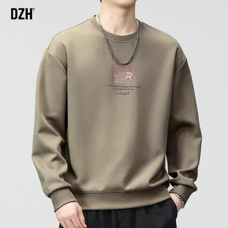 男生咖色圆领卫衣男秋季潮牌宽松长袖上衣百搭男装2023新款打底衫商品大图