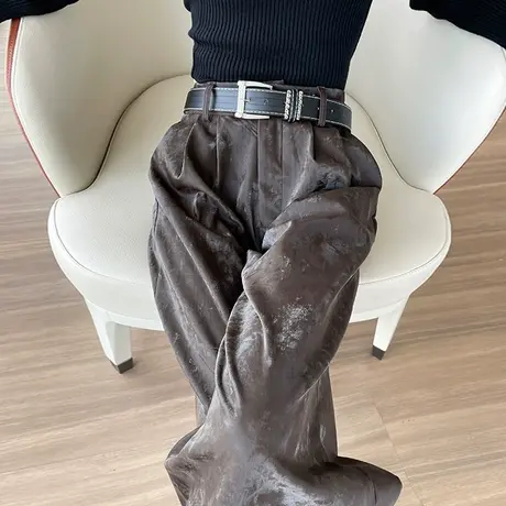 棕色高级感pu皮绒面阔腿裤女秋冬季皮裤子高腰垂感直筒休闲拖地裤商品大图