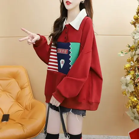 加绒加厚polo领卫衣外套女2023新款秋冬季洋气减龄宽松设计感上衣图片