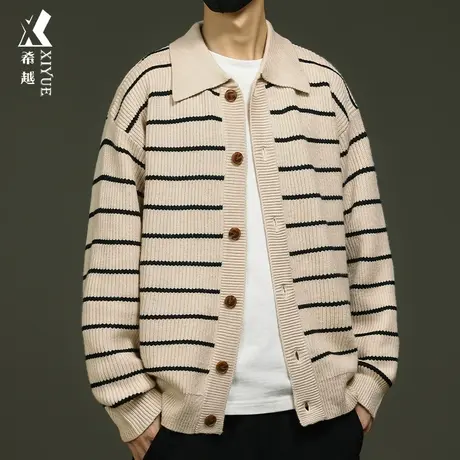 希越条纹开衫针织毛衣衬衫外套男士秋冬款日系慵懒感宽松大码衬衣商品大图