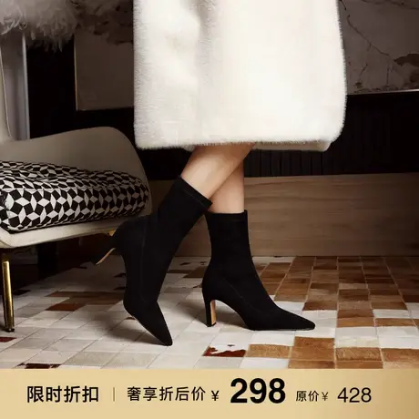 熙漫2023秋冬新款黑色显瘦时尚弹力短靴尖头粗跟气质法式高跟靴女图片