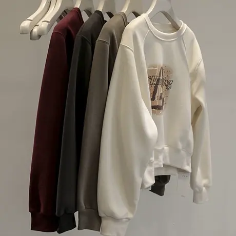 个性趣味印花无帽长袖卫衣女秋冬季加绒加厚韩版宽松圆领外套上衣图片