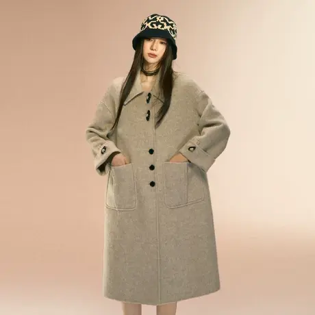 othermix 中长款羊毛毛呢外套女2023秋冬新款气质休闲双面呢大衣图片